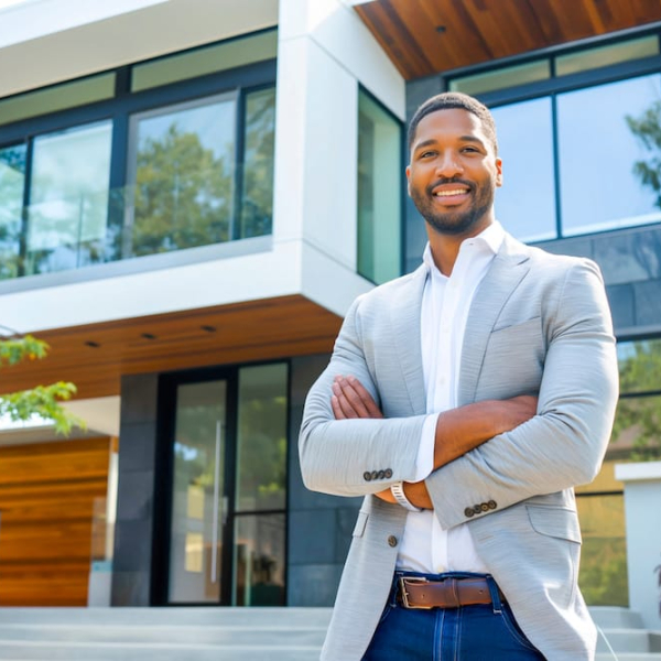 Confident African American man real estate agent stands proudly outside a modern home, radiating expertise and approachability, ready to assist potential house buyers Confident African American man real estate agent stands proudly outside a modern home, radiating expertise and approachability, ready to assist potential house buyers